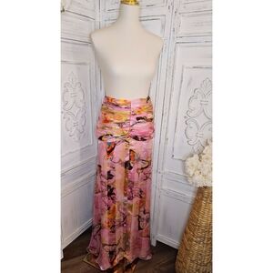 Naeem Khan Pink Butterfly Print Ruched Waist & Hips Silk Flirty Maxi Skirt